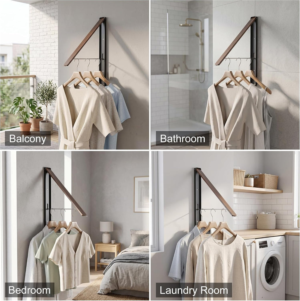 LEQ Clothes Drying Rack Wall Mounted, Foldable Laundry Drying Rack with Wood-Tone Aluminum Frame, Rustproof Retractable Clothes Hanger for Small Laundry Room, Bathroom, Balcony,Black