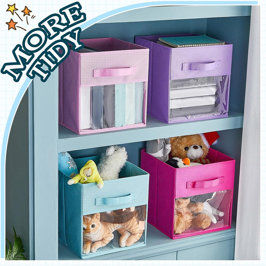 Marsui 8 Pcs Cube Storage Bins with Clear Window 11'' Daycare Storage Cube Organizer Bins for Closet Kid Nursery Playroom with Handle Fabric Collapsible Storage Cubes(Blue, Purple, Rose, Pink)