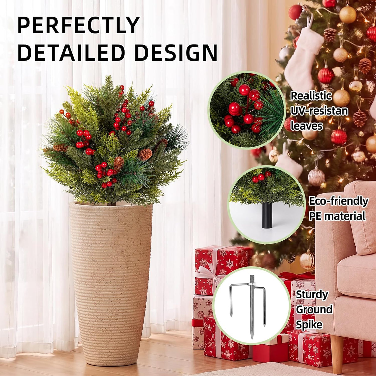 Artificial Christmas Cypress Topiary Shrubs, Faux Greenery Ball Bush for Christmas Indoor and Outdoor Decor,24.8" Fake Tree with Ground Spike,UV Resistant Plants for Front Porch, Patio Decor,Set of 2