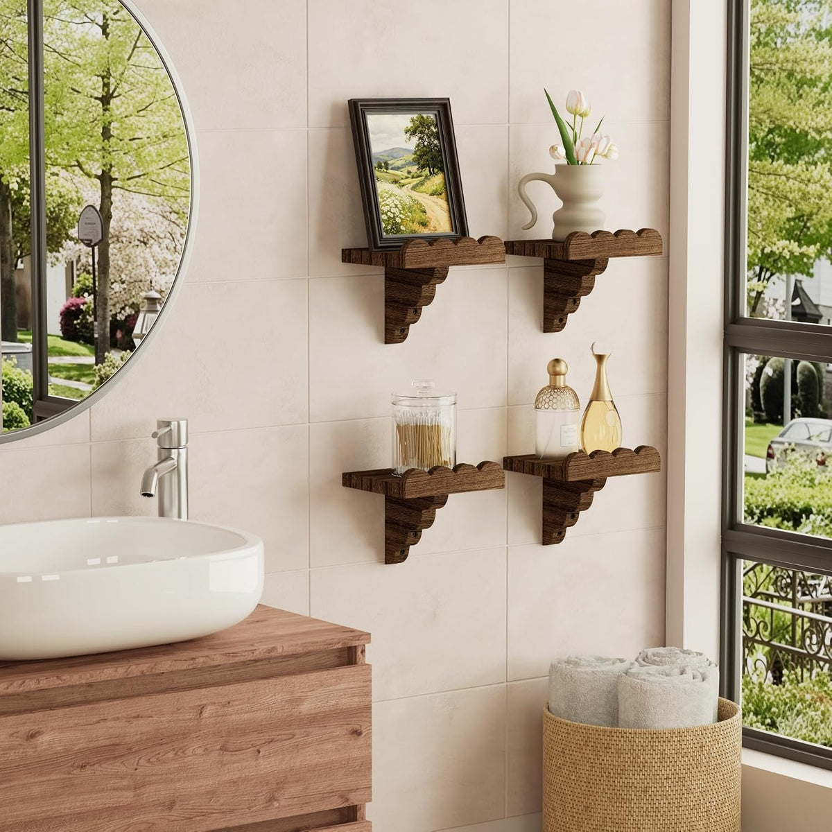 QsQueen Small Scalloped Floating Shelves for Wall, 4 Pack Small Wall Shelf, Solid Paulownia Wood Display Shelves with Matching Brackets for Plants, Bathroom, Bedroom, Living Room & Home Decor
