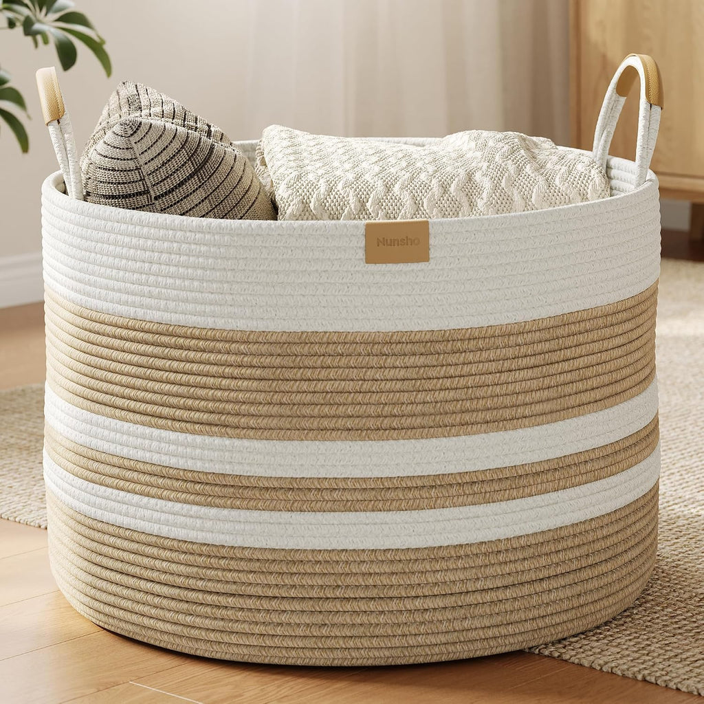 Nunsino 72L Blanket Basket with Leather Handles,Laundry Basket,Brown White