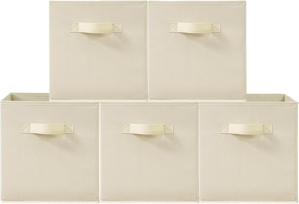 11 Inch Fabric Storage Cubes, Sturdy Foldable Storage Bins, Heavy Duty Cube Organizer for Clothes, Blankets, Shelves, Closets, Bedroom, Living Room, Beige, 5 Pack