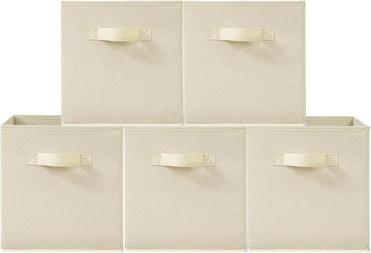 11 Inch Fabric Storage Cubes, Sturdy Foldable Storage Bins, Heavy Duty Cube Organizer for Clothes, Blankets, Shelves, Closets, Bedroom, Living Room, Beige, 5 Pack