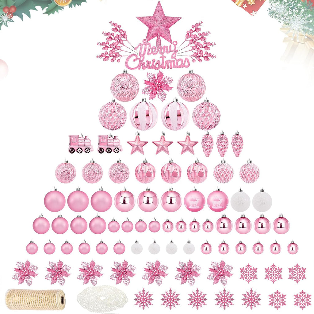 Ktinnead 94 Pcs Christmas Tree Decorations Set, Pink Shatterproof Christmas Tree Hanging Ball Ornaments with Glitter Poinsettia Flowers Decorations Berries Snowflakes for Xmas Party Holiday Wedding