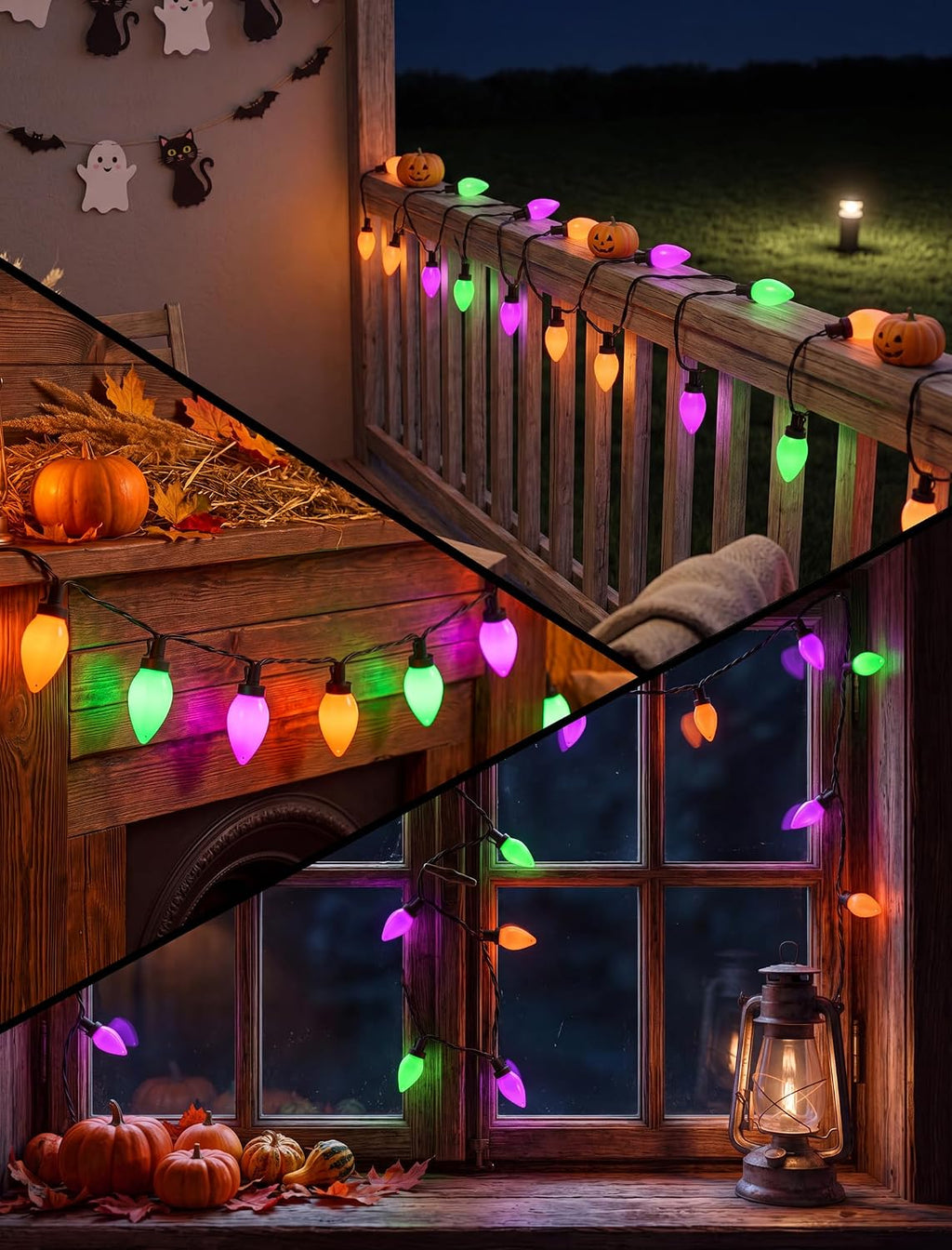 SUNSGNE 26FT 50 LED C9 Halloween String Lights, Orange Green Purple Bulbs