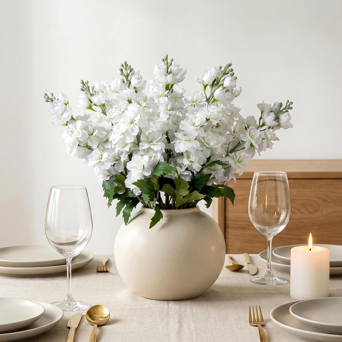 Fake Flowers 23.6” Delphinium Artificial Flowers 8Pcs Silk Flowers with Stems Long Stem Artificial Flowers for Tall Vase Faux Flowers for Indoor Home Decoration Wedding Decoration Centerpiece White