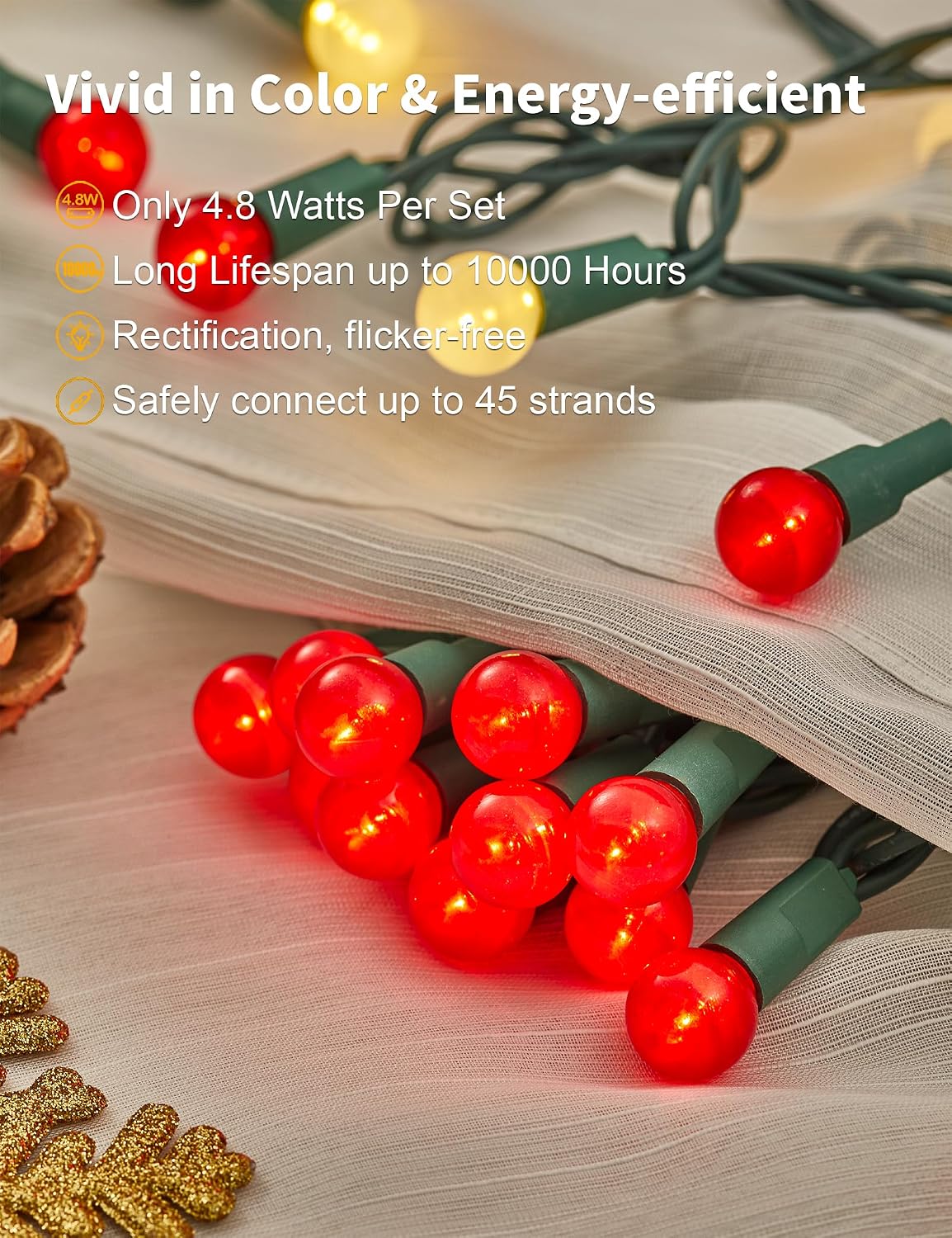 BOHON Red and White Christmas Lights 17FT 50 LED G15 Globe String Lights