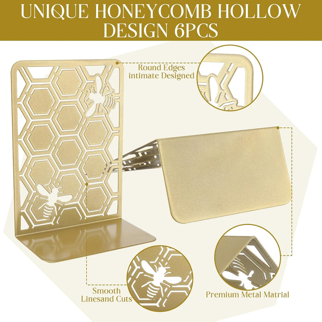 Chunful 6 Pack Gold Metal Honeycomb Bee Bookends Book Stoppers for Shelves