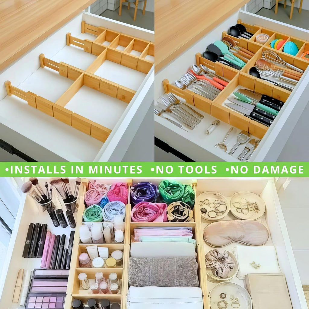 13.9-17.7" Expandable Bamboo Drawer Dividers with Inserts 4-Pack Spring-Loaded with Non-Slip EVA Pads, Adjustable Separator Set for Kitchen,Dresser,Bedroom, Office,Bathroom