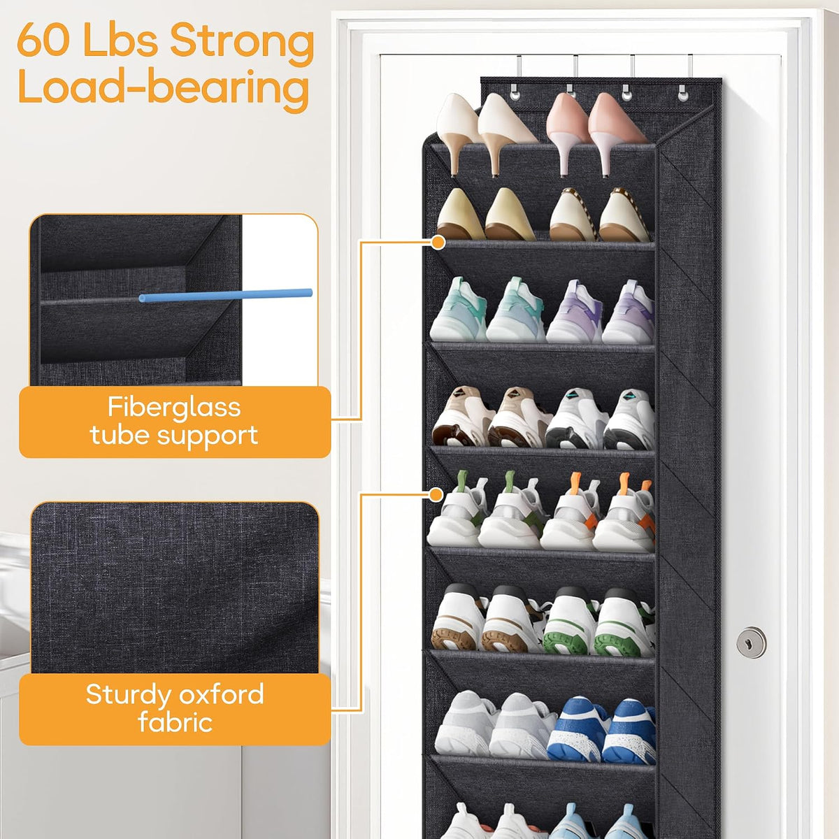 KIMBORA 10 Tier Over the Door Shoe Organizer with Large Pockets, Hanging Shoe Rack for Closet Door Storage, Fits 20 Pairs of Sneakers Boots Hanger Holder, Black