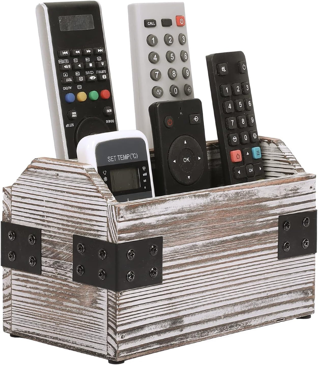 MyGift Remote Control Organizer Caddy, 2-Compartment Torched Wood & Metal