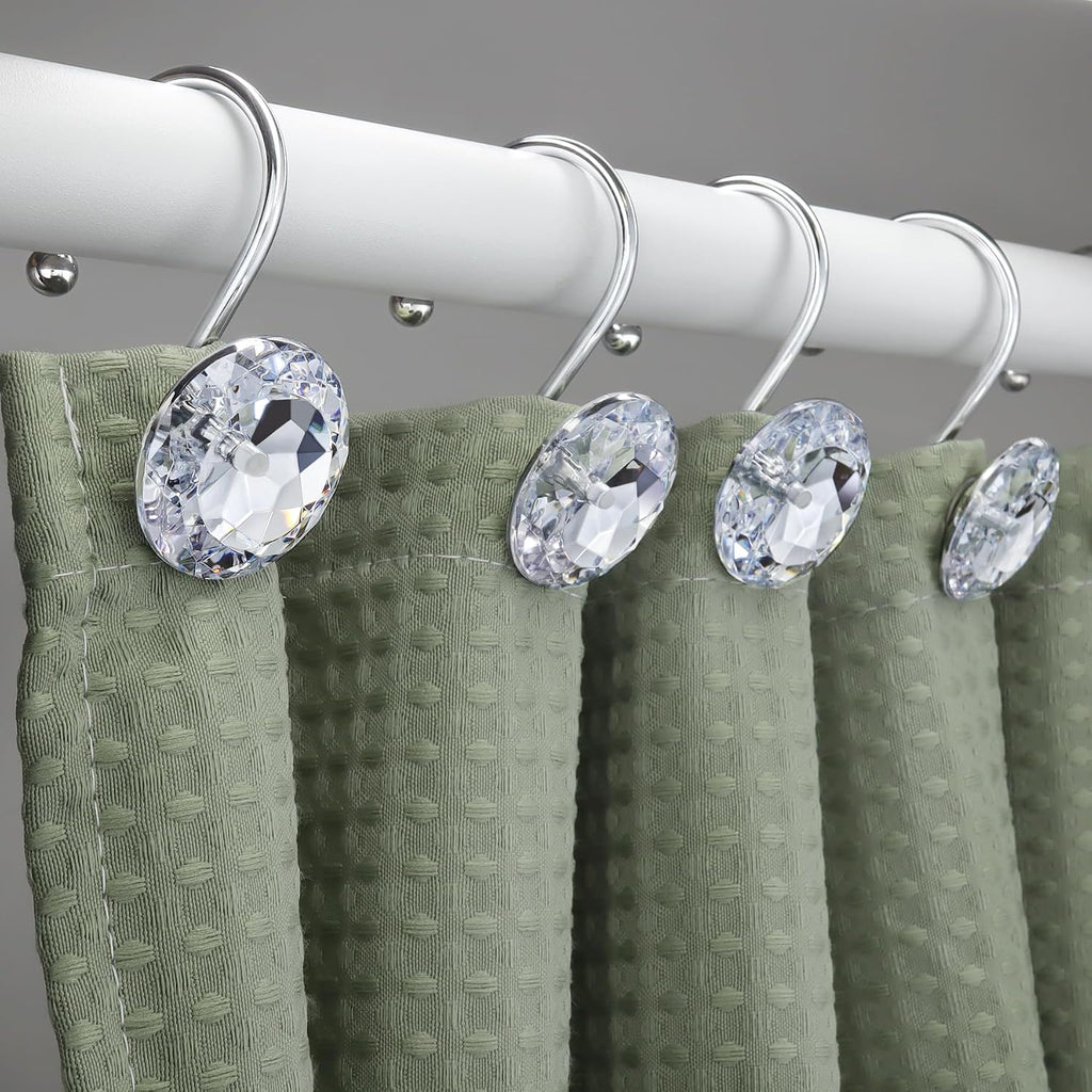 12PCS Shower Curtain Hooks Rings for Bathroom, Stainless Steel Metal Crystal Rhinestones Bling Rust Proof Shower Curtain Rings Hangers for Shower Curtain Decorative, Round Heavy Duty Hooks (Clear)