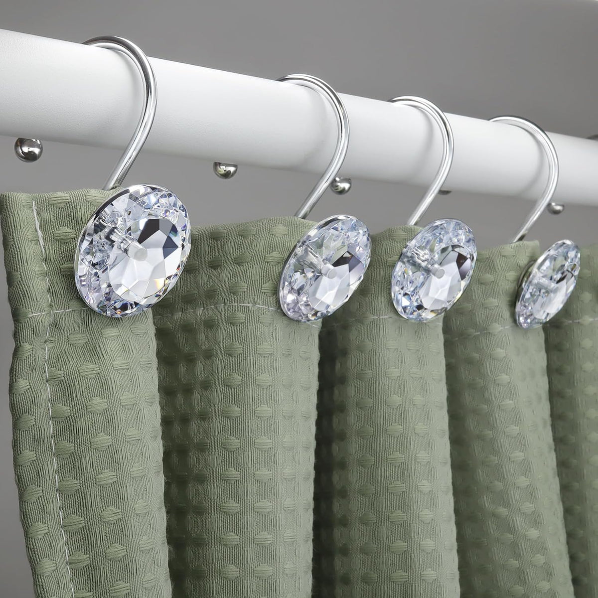 12PCS Shower Curtain Hooks Rings for Bathroom, Stainless Steel Metal Crystal Rhinestones Bling Rust Proof Shower Curtain Rings Hangers for Shower Curtain Decorative, Round Heavy Duty Hooks (Clear)