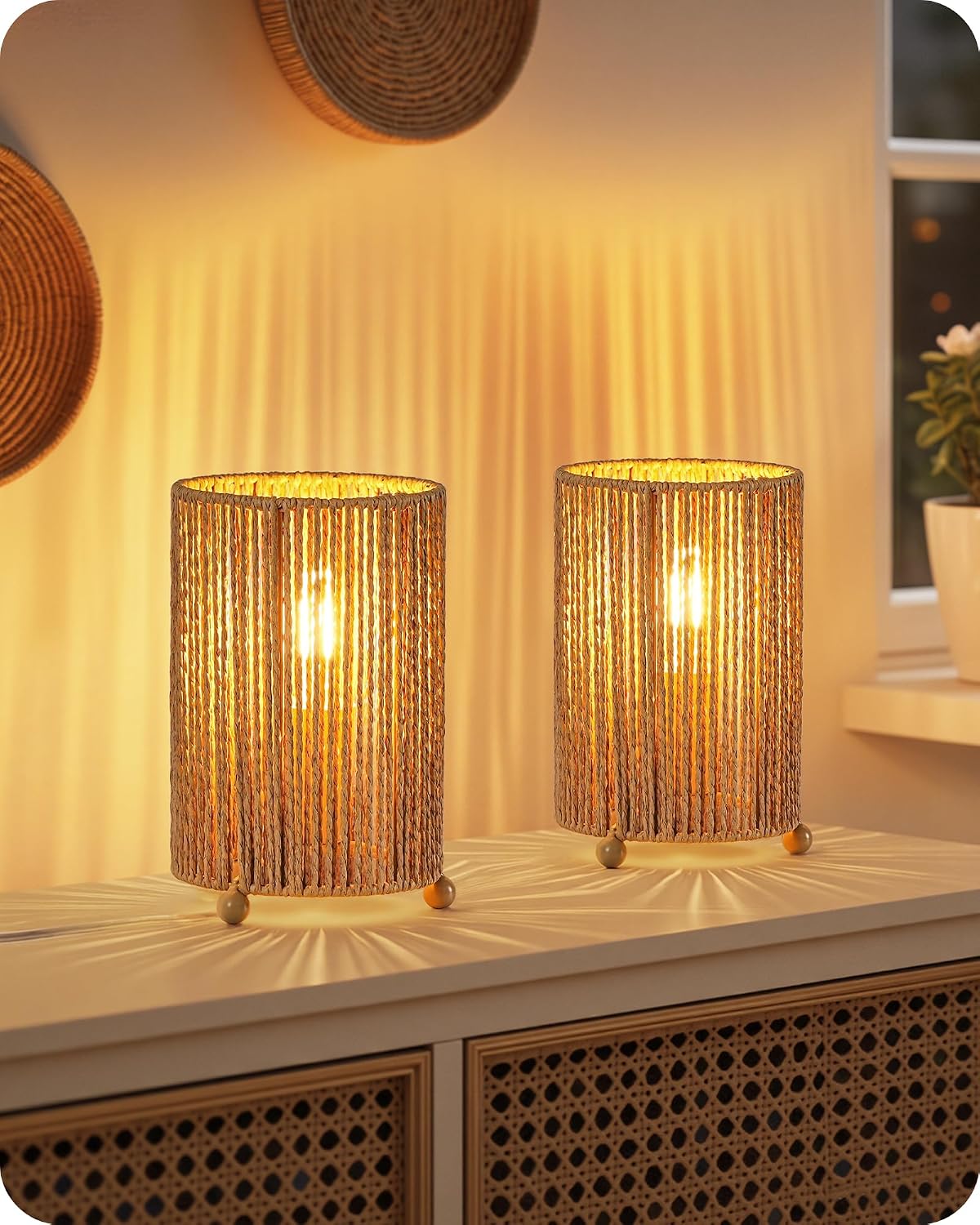 Small Rattan Table Lamps Set of 2, Boho Bedside Lamps Set of 2, Handwoven Paper Lampshade, 4W 2400K LED Bulb Included, Boho Desk Lamp, Nightstand Lamp for Bedroom, Living Room, S11TLP205