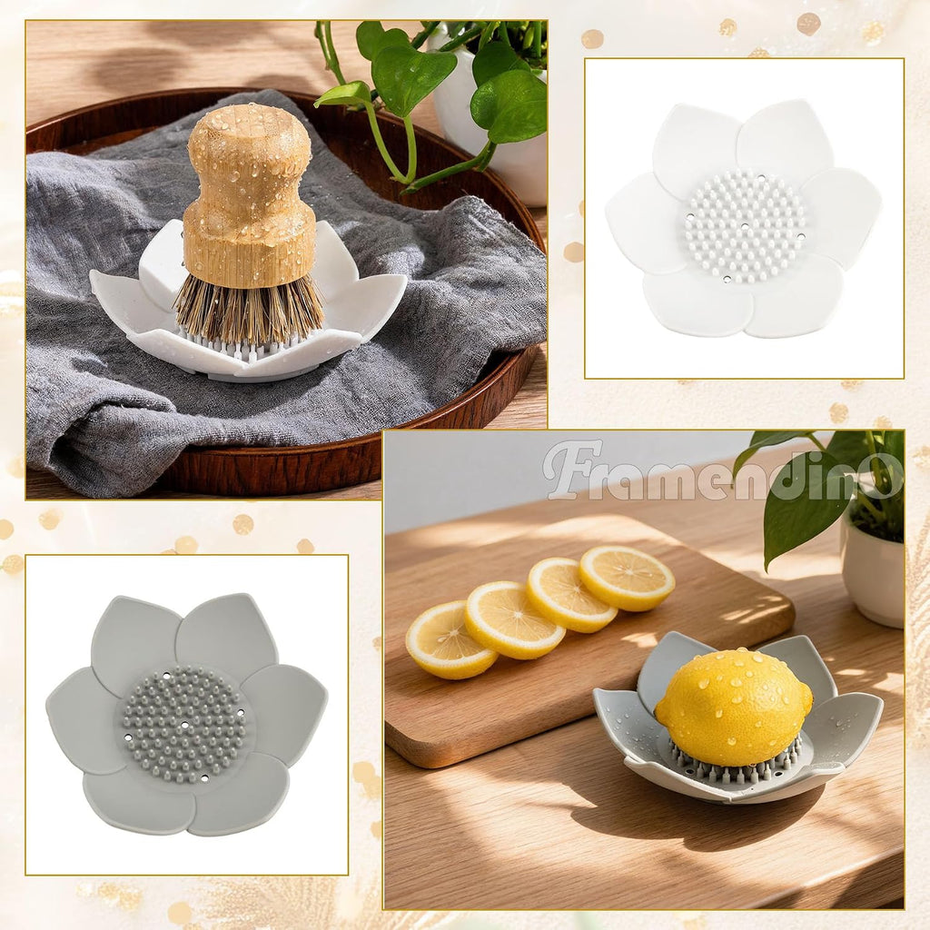 Framendino, 4 Pack Silicone Soap Dishes, Flexible Non-Slip Floral Shaped Design Self-draining Sponge Bar Holder Flower Shape Saver for Shower Bathroom Kitchen Sinks