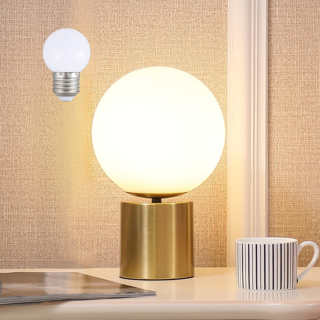 11 Inch Modern Mid Century Gold Globe Table Lamp, Round Bedside Nightstand Lamp with White Glass Shade Metal Base Desk Lamp for Bedroom Living Room End Table