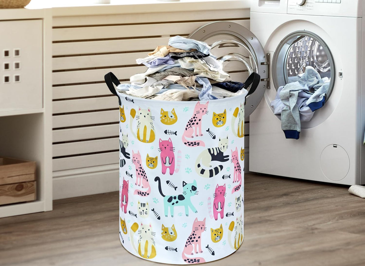 Kids Laundry Hamper Storage Basket Laundry Organizer Hamper Storage Bins Clothes Box Nursery Hamper Gift Basket with Handles (Cat)
