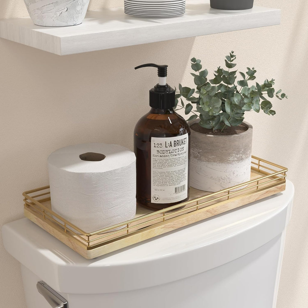 Oak Bathroom Toilet Tank Tray, 13" Wood Back of Toilet Paper Storage Tank Topper Basket, Vanity Tray for Perfume Makeup Candle Toiletry Organizer for Kitchen Coffee Table Natural Tray Decor