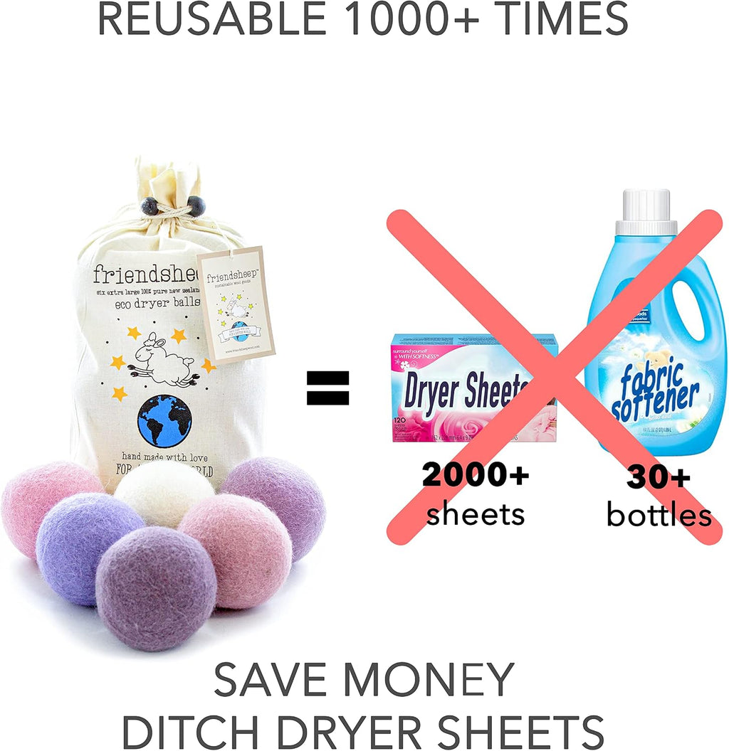 Friendsheep Wool Dryer Balls, Organic Reusable Fabric Softener Alternative for Laundry, Handmade, Fair Trade, Hypoallergenic, Eco-Friendly, Plastic-Free (6 Pack XL - Lavender Bliss)