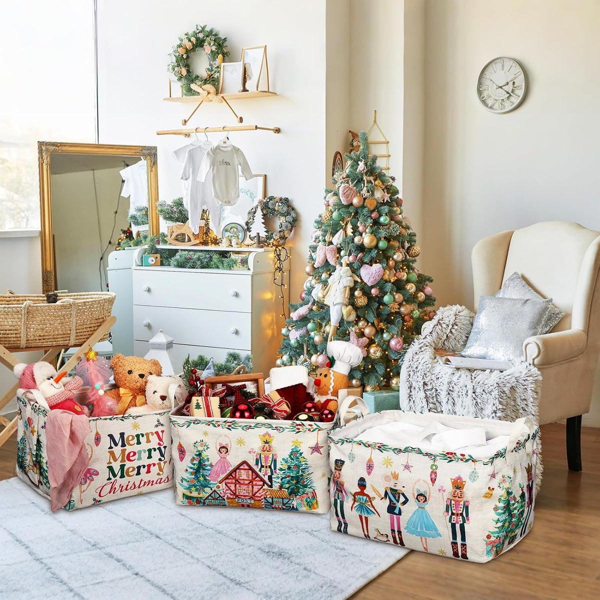 Beeveer 3 Pcs Christmas Nutcracker Baskets for Gifts Empty Christmas Tree Ballet Girl Soldier Storage Bin with Handle Fabric Storage Container Cube Box for Home Office Dorm Closet Shelf Organizer