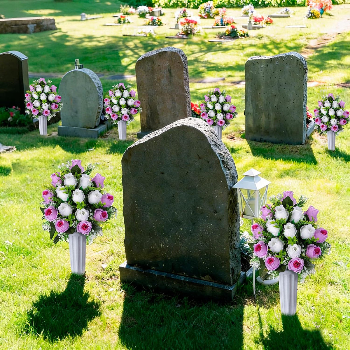 Set of 2 Artificial Cemetery Flowers with Vase, Artificial Grave Flowers Outdoor Memorial Rose Bouquets for Cemetery Headstone Graveyard Decor (Pink White)