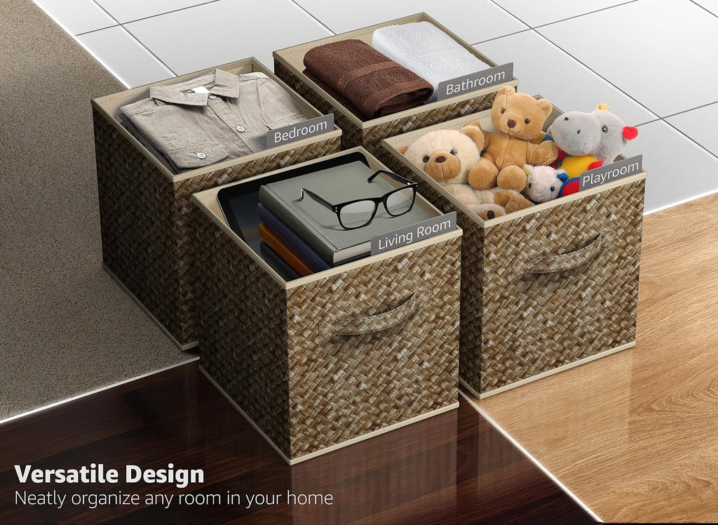 Sorbus 11 x 11 Storage Cubes, Foldable Fabric Bins (4 Pack, Woven Beige)