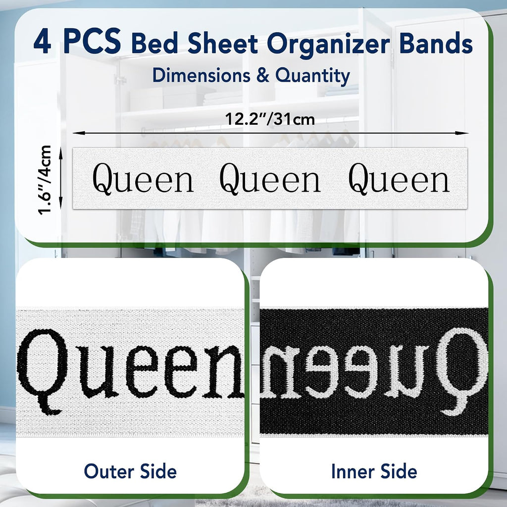 Queen Size Sheet Organizer Bands, 4 pcs Elastic Label Straps for Linen Storage, Closet Organization for Queen Size Bedding Sets