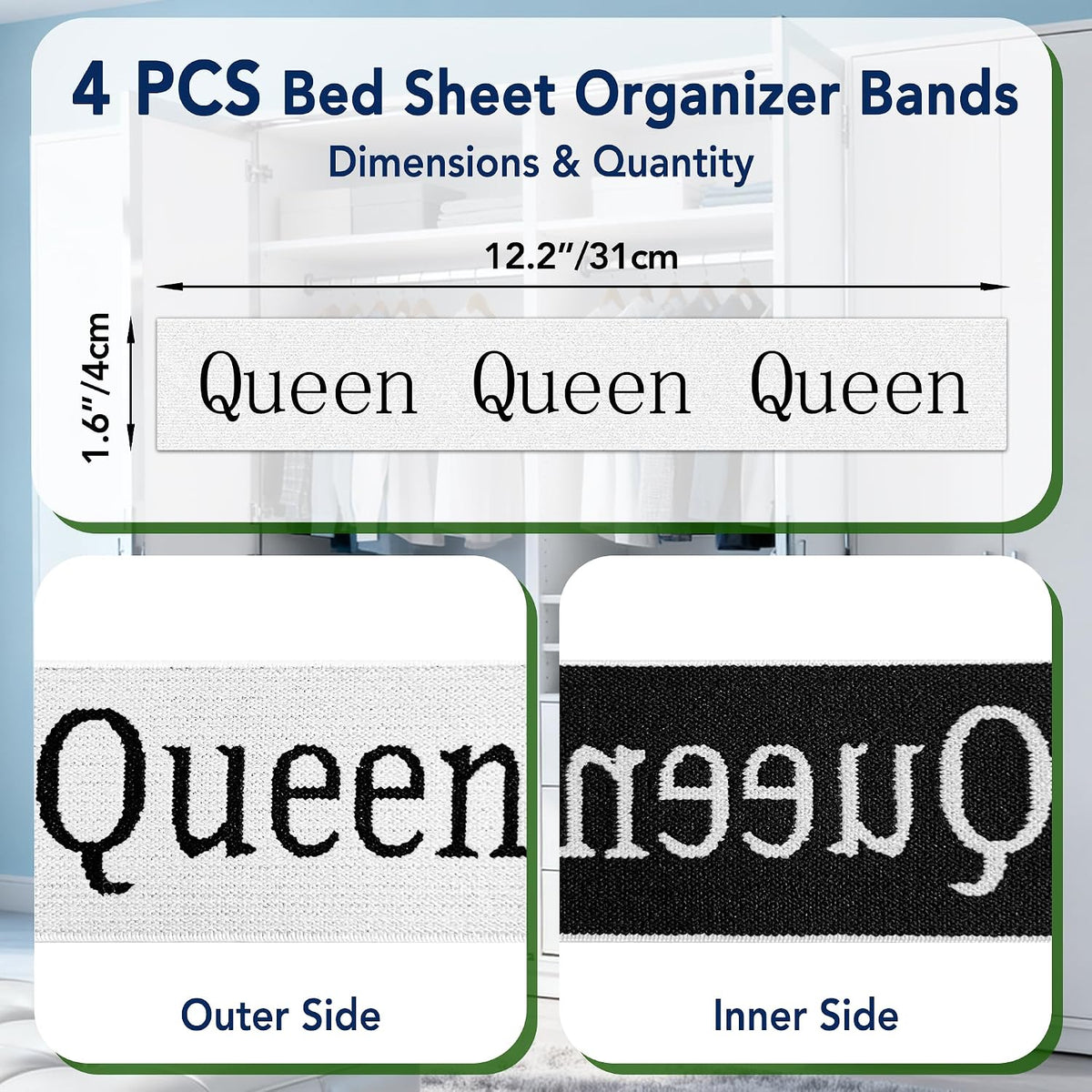 Queen Size Sheet Organizer Bands, 4 pcs Elastic Label Straps for Linen Storage, Closet Organization for Queen Size Bedding Sets