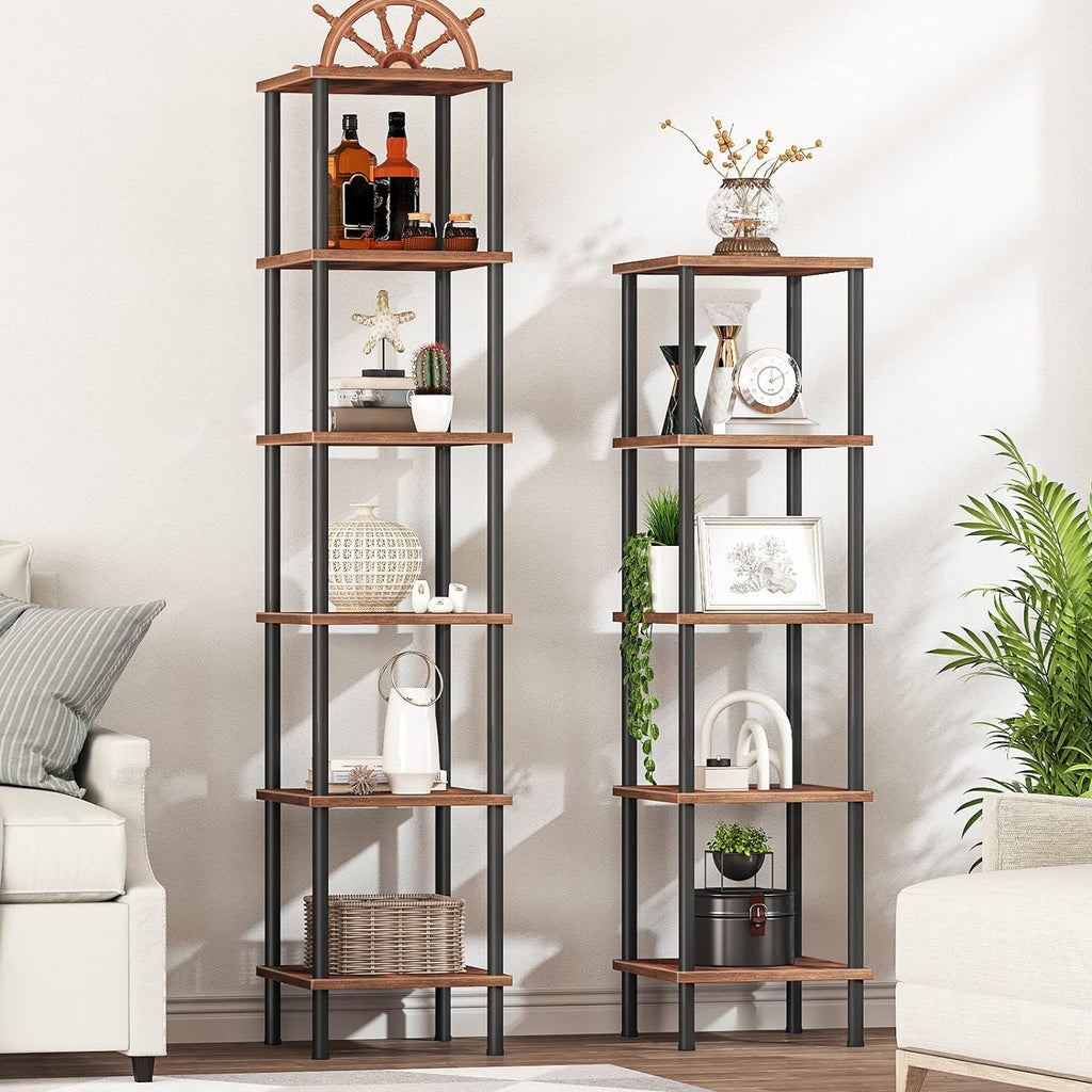 HOOBRO 6-Tier Corner Shelf, Corner Square Rack Display Shelf, Tall Storage Rack Plant Stand, Bookcase for Small Spaces, Living Room, Home Office, Kitchen, Rustic Brown and Black BF55CJ01