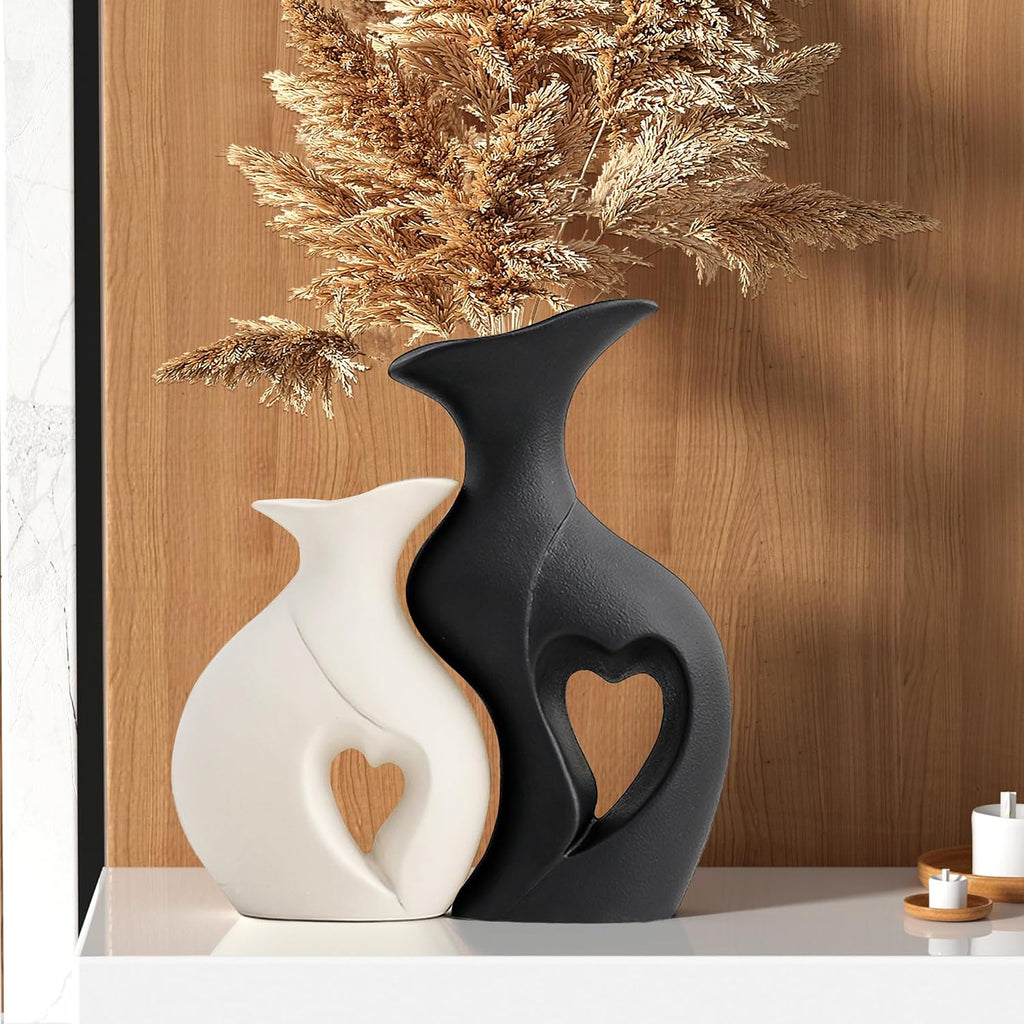XL Black and White Decor Heart Shaped Ceramic Flower Vase Set of 2