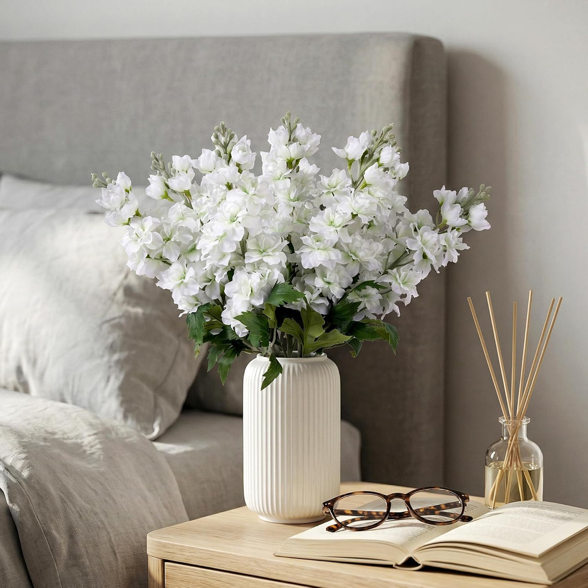Fake Flowers 23.6” Delphinium Artificial Flowers 8Pcs Silk Flowers with Stems Long Stem Artificial Flowers for Tall Vase Faux Flowers for Indoor Home Decoration Wedding Decoration Centerpiece White