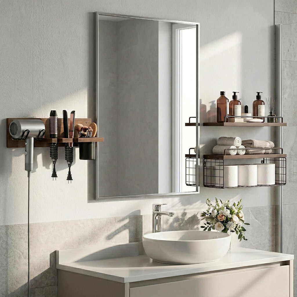 3-Tier Bathroom Floating Shelves with Hair Dryer Holder, Brown