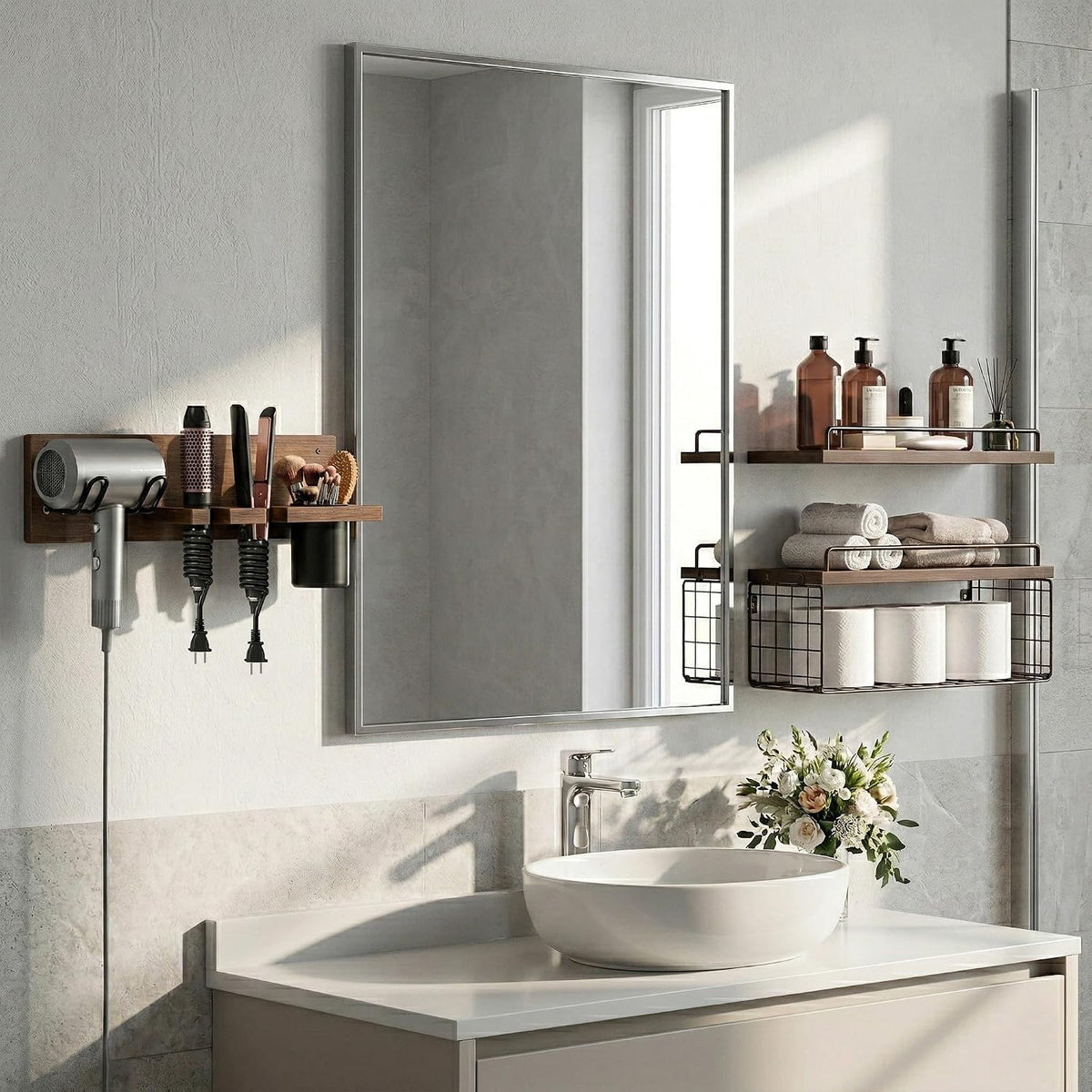 3-Tier Bathroom Floating Shelves with Hair Dryer Holder, Brown