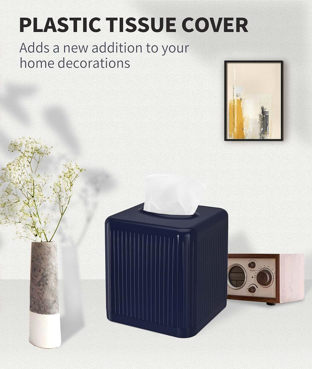 Livelab Tissue Box Cover with Base, Square Plastic Tissue Box Holder Decorative Tissue Box Case Modern Facial Paper Dispenser for Bathroom, Vanity Countertops, Night Stands, Desk - Navy Blue