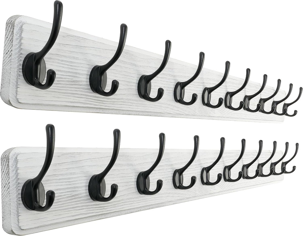 SKOLOO Rustic Wall Mounted Coat Rack, 10 Hooks, 38", Solid Wood, White