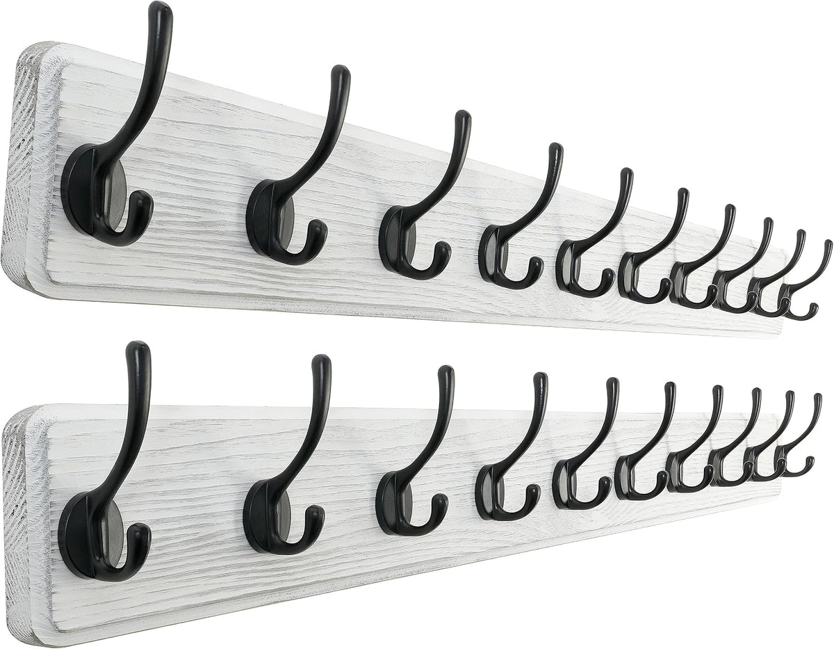 SKOLOO Rustic Wall Mounted Coat Rack, 10 Hooks, 38", Solid Wood, White