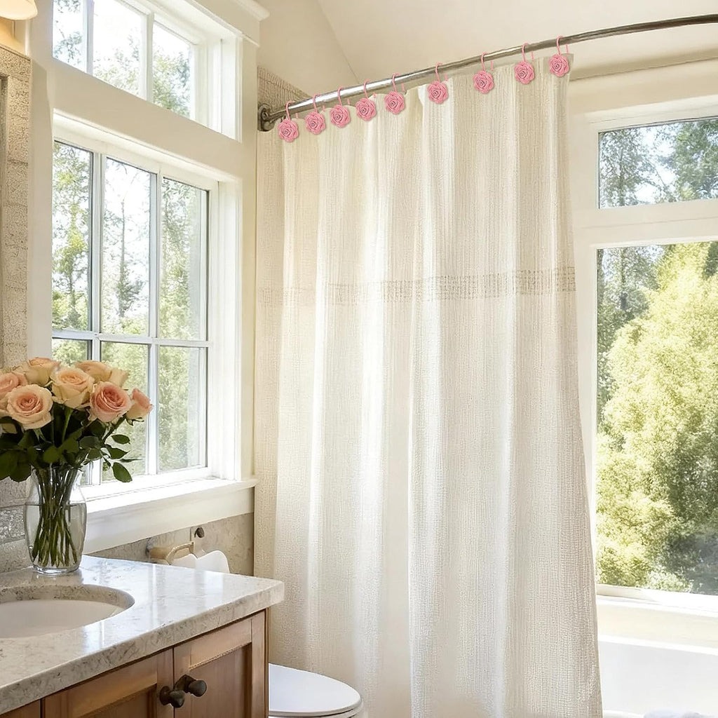 Metal Rose Shower Curtain Hooks, Rust-Resistant Hooks for Shower Curtain Rods, Set of 12, Beautiful Floral Rose Design Bathroom Decoration Hooks (Pink)