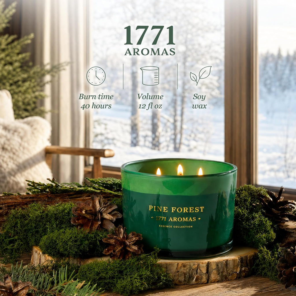 Pine Forest Scented Candle - 100% Natural Soy Wax - Large 3 Wick Jar - Up to 40 Hours Burning Time - Aromatherapy Christmas Candles for Home - Gift-Ready Box for Men and Women