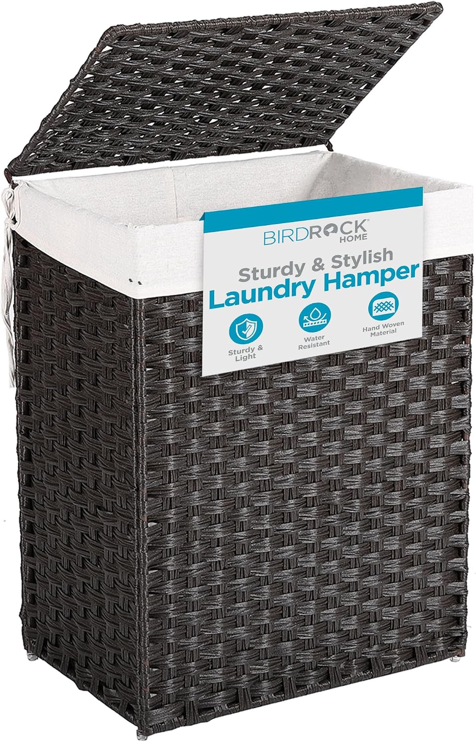 BIRDROCK HOME Single Laundry Hamper with Lid - Brown - Liner Bag - Hand Woven - Small Collapsible Hampers - Foldable Bin - Synthetic PE Rattan - Hand Woven - Clothes Basket