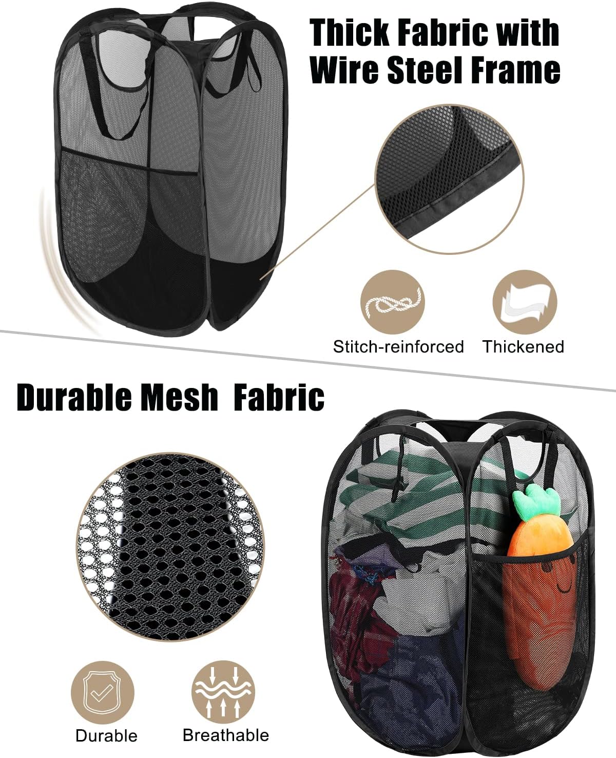 HOUSE AGAIN Strong Mesh Pop Up Laundry Hamper, 70L Collapsible Laundry Basket with Steel Frame, Double‑Stitched Handles & Side Pocket, Foldable Dirty Clothes Hamper for Dorm, Bedroom, Black