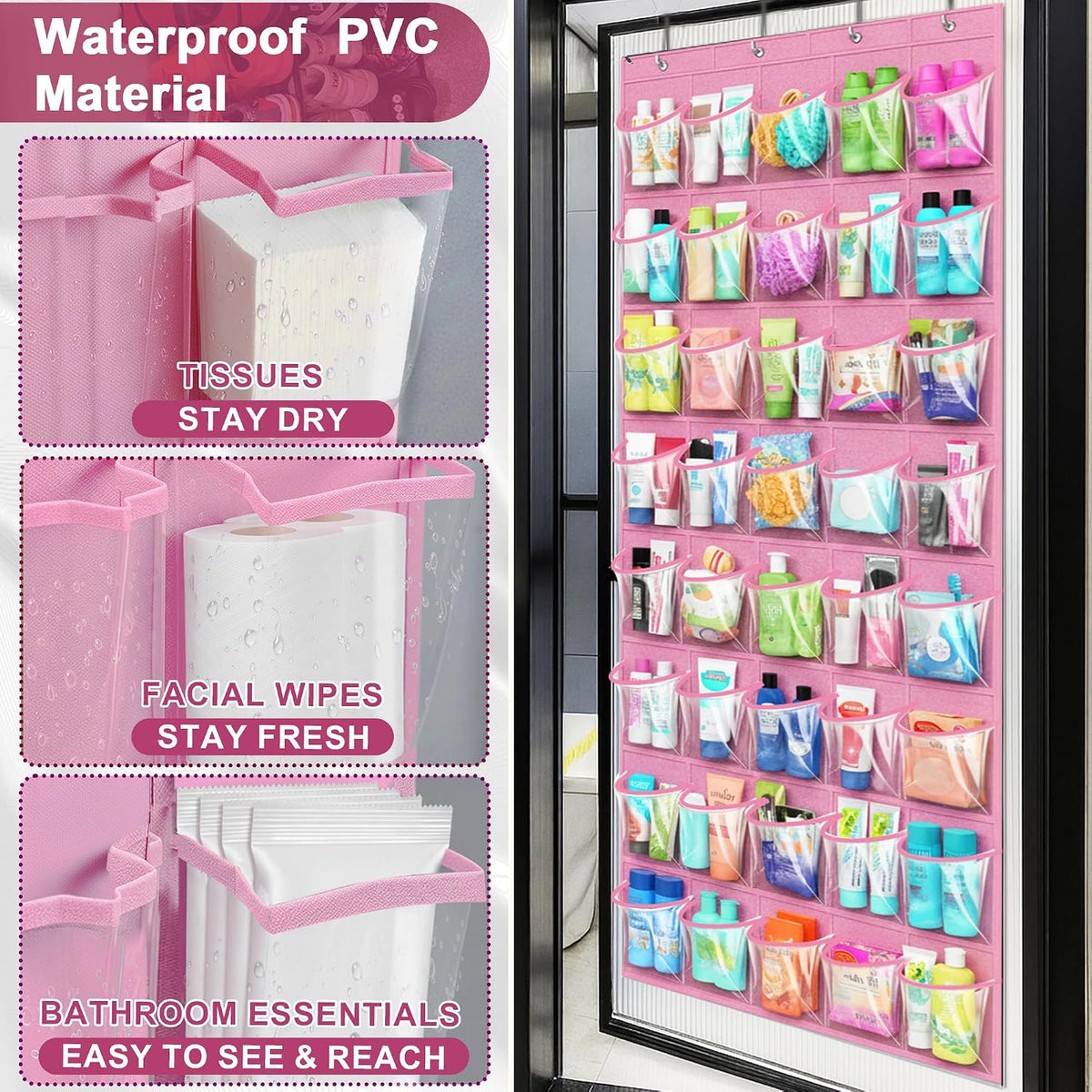 Over the Door Shoe Organizer with 40 Clear PVC Pockets – Waterproof Hanging Shoe Holder for Closet & Bathroom – Space-Saving Door Shoe Rack for Shoes, Toys, Toiletries & Snacks(Pink)