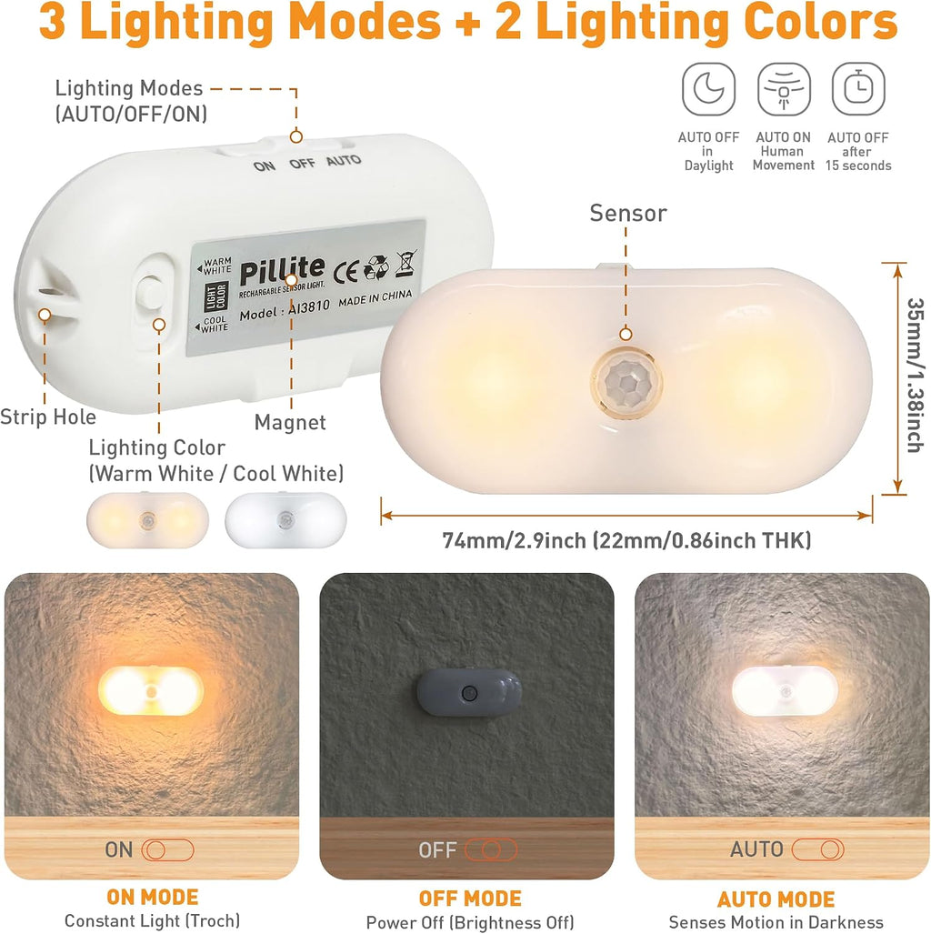 Rechargeable Motion Sensor Night Light, 2-Color White & Warm Toilet Light with Auto/On Mode, Magnetic & Adhesive Installation for Bathroom, Bedroom, Hallway (2 Pack)