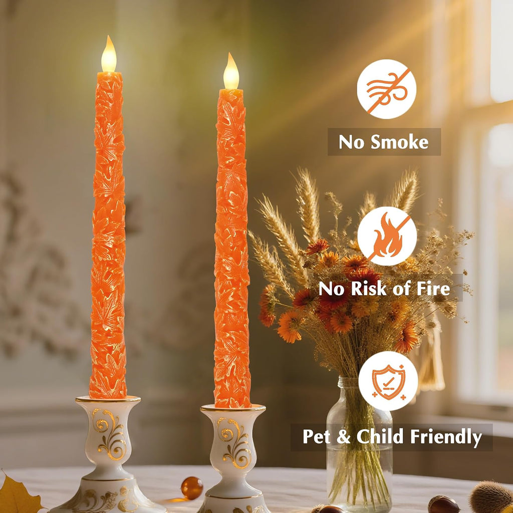 Impress Life Fall Flameless Taper Candles, Carved Maple Leaf Real Wax