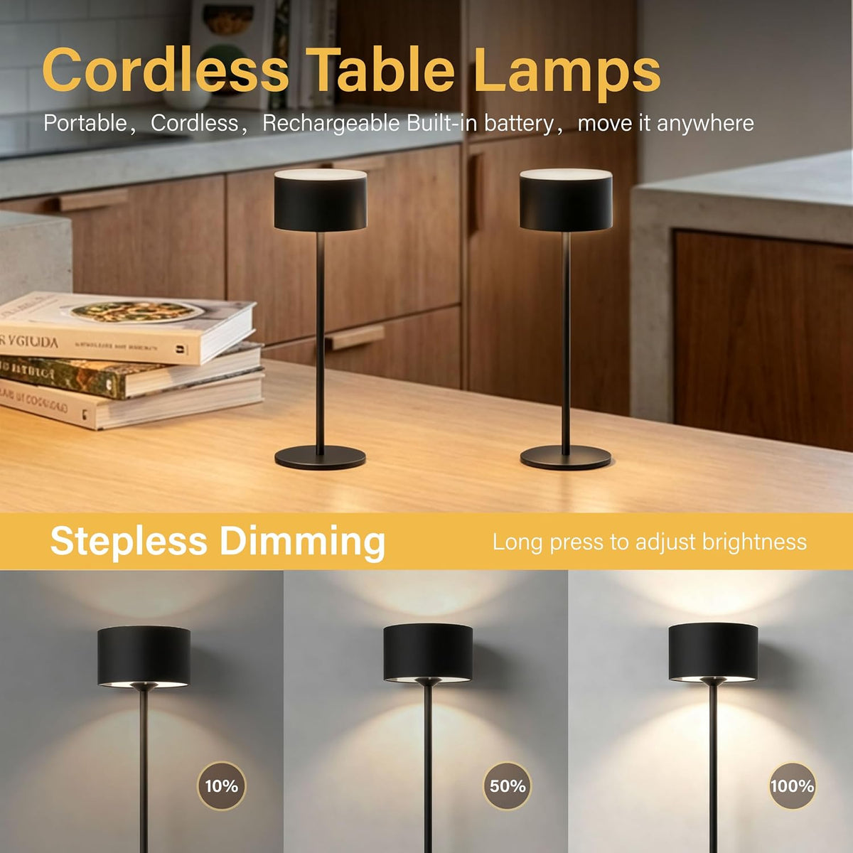 Set of 2 Cordless Table Lamps, 10.3" High Black Rechargeable Small Lamps