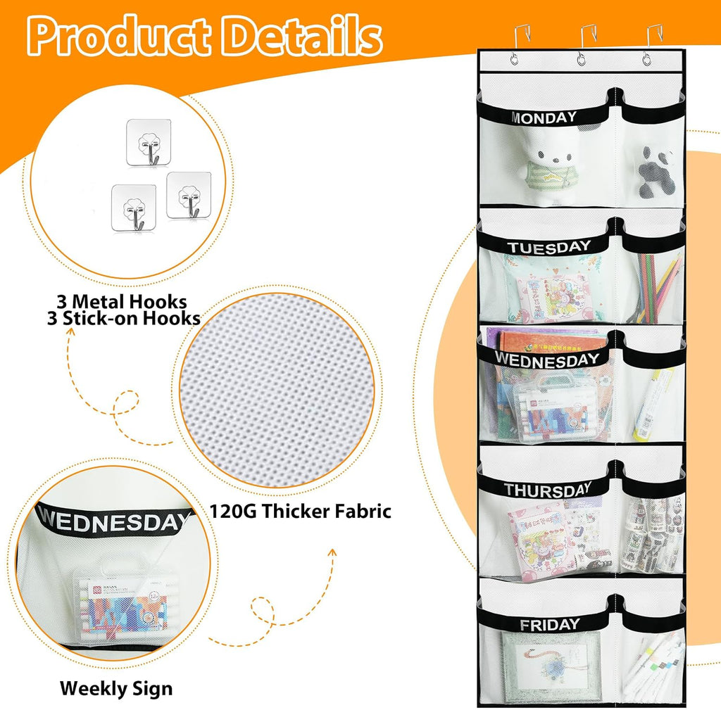 Weekly Kids Clothes Organizer Day of Week School, Over the Door Clothing Storage Organizer from Monday to Friday, Hanging Closet Organizer wtih 3 Metal hooks or Nursery, Bedroom