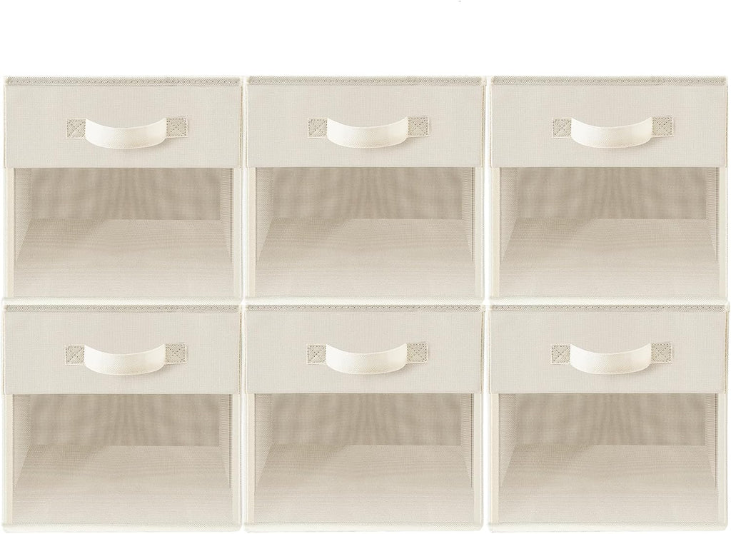 Storage Cubes with Clear Window, 11" Storage Bins, Foldable Cube Storage Box, Fabric Closet Organizers with Handles for Home, Office, Shelf, Closets, Living Room, Beige, 6 Pack