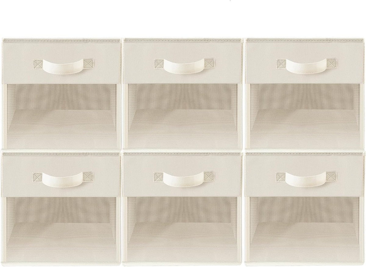 Storage Cubes with Clear Window, 11" Storage Bins, Foldable Cube Storage Box, Fabric Closet Organizers with Handles for Home, Office, Shelf, Closets, Living Room, Beige, 6 Pack