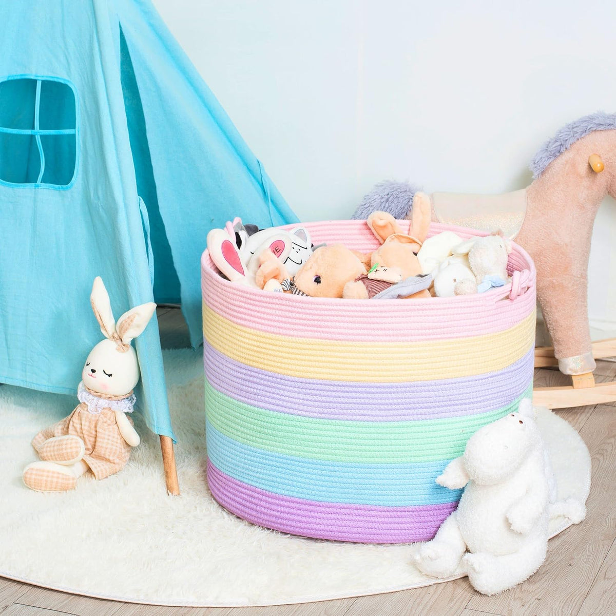 MINTWOOD Design XXXXLarge 22 x 16in Decorative Woven Cotton Rope Blanket Storage Basket Bin Living Room with Handles and Laundry Hamper for Pillows, Pool Towels, Dog Toys, Shoes, Pastel Rainbow