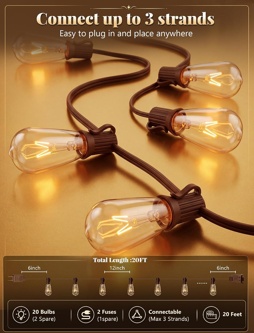20Ft Outdoor Patio String Lights with 22 Clear Vintage Light Bulbs (2 Spare), E17 Base ST40 Outdoor Edison String Lights Waterproof UL Listed for Indoor Garden Backyard Party Porch Decor, 7W - Brown