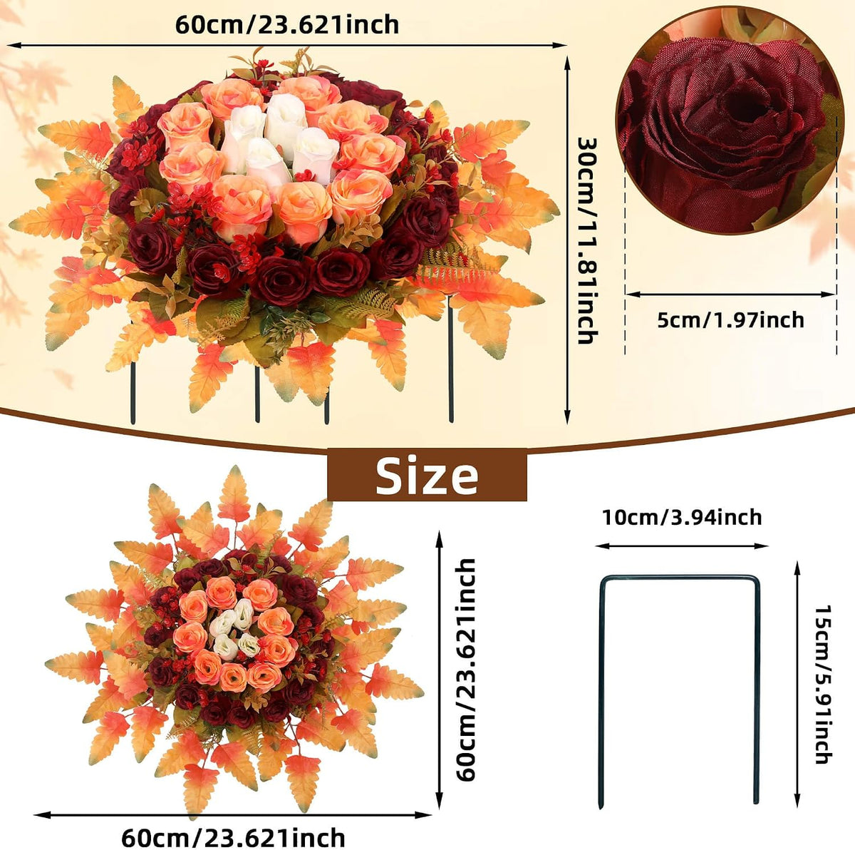 Lodou Artificial Cemetery Flowers,Silk Memorial Cake for Cemetery,Artificial Flower Centrepieces for Tables,Artificial Rose Graveyard Memorial Flowers for Headstones Decoration (Autumn Red)